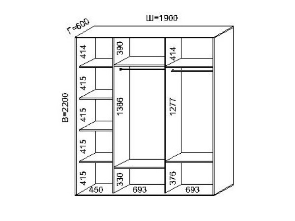 Трехдверный шкаф купе (190x60x220)