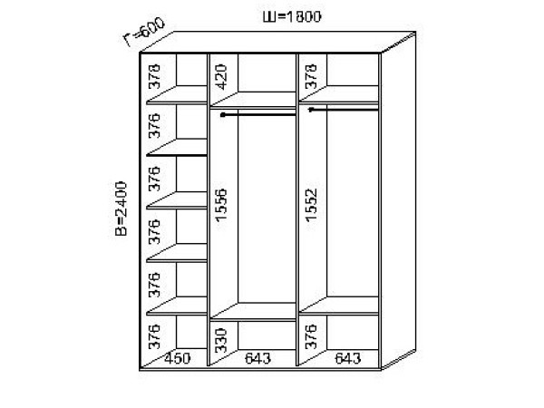 Трехдверный шкаф купе (180x60x240)