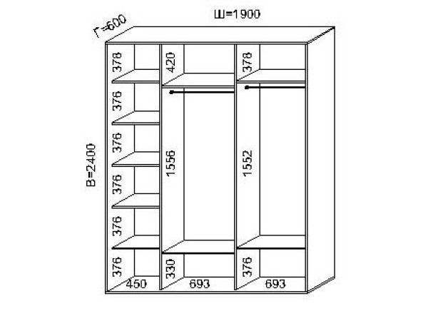 Трехдверный шкаф купе (190x60x240)
