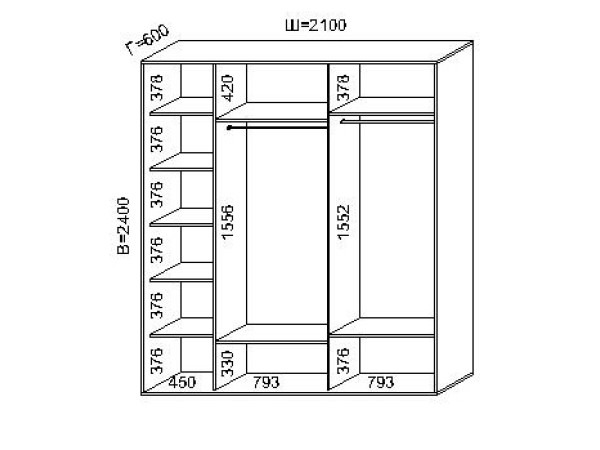 Трехдверный шкаф купе (210x60x240)